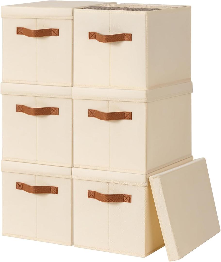 Storage Bins with Lids - Fabric Storage Baskets for Shelves, 6 Pack Foldable Decorative Boxes with Handles, Stackable Organizer Bins for Home, Nursery, Dorm, Beige