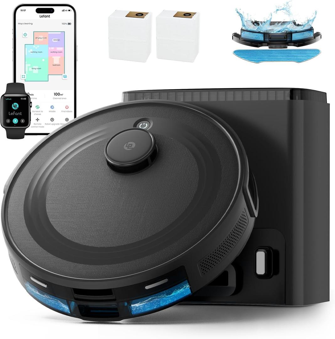 Lefant LiDAR Robot Vacuum and Mop Combo,75-Days Self-Emptying,6000Pa Powerful Scution,Multi-Floor Mapping, No-Go Zones,140 Min Runtime,2.4G/5G WiFi/Alexa/APP/iWatch,M2 Plus Black