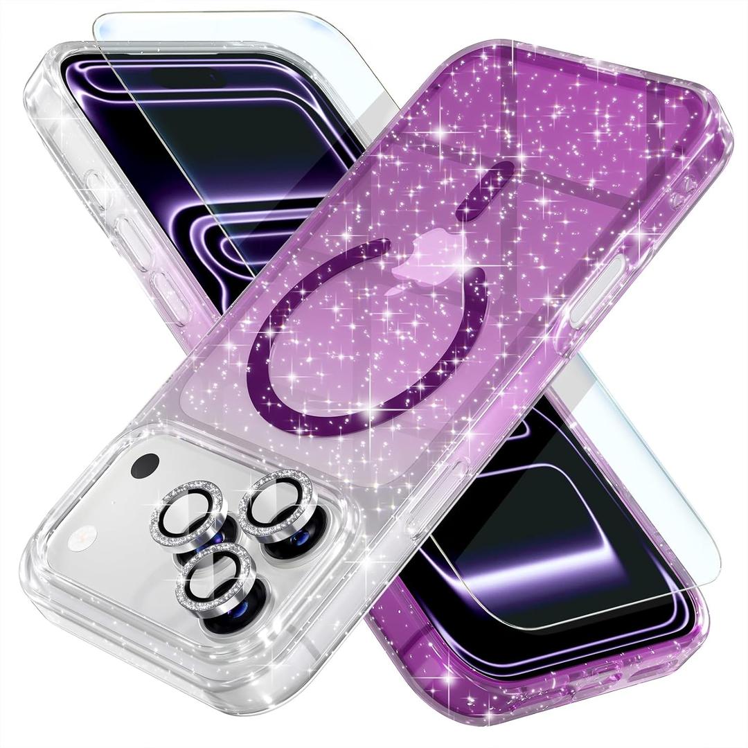 Choiche Magnetic for iPhone 17 Pro Case Compatible with MagSafe, Women Cute Glitter Sparkly Phone Case with Diamond Camera Lens Protectors, Military-Grade Drop Protection 6.3" (Clear/Purple)