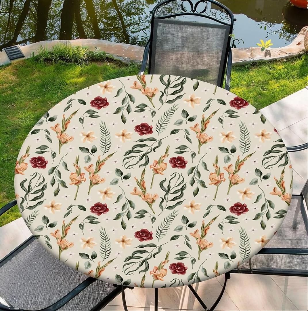 Round Fitted Tablecloth with Elastic Edge, Waterproof Stain Resistant Fabric Table Cover for 45"-48" Round Table, Indoor Outdoor Dining, Kitchen Decor, Camping, Holiday, Party, Wildflowers