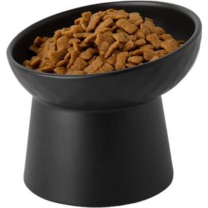 KITCHENLESTAR Small Ceramic Raised Cat Bowls, Tilted Elevated Food or Water Bowls, Stress Free, Backflow Prevention, Dishwasher and Microwave Safe, Lead & Cadmium Free(Black)