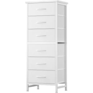 Sweetcrispy Tall Fabric Dresser for Bedroom, 6 Drawer Skinny Chest of Drawers, Narrow Storage Tower with Wood Top and Metal Frame, Vertical Nightstand for Closet, Bedroom Organization Furniture, White, 11.8"D x 15.7"W x 39.4"H