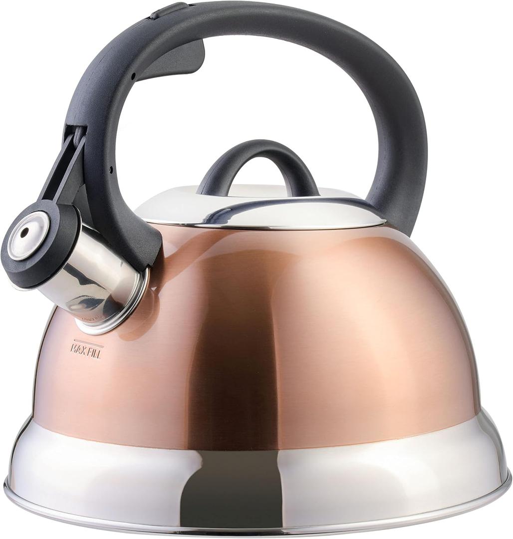Mr. Coffee Flintshire 1.75-Quart Stainless Steel Whistling Tea Kettle with Nylon Handle Copper Finish Stove-Top Kettle for Boiling Water, 1.8 Quarts