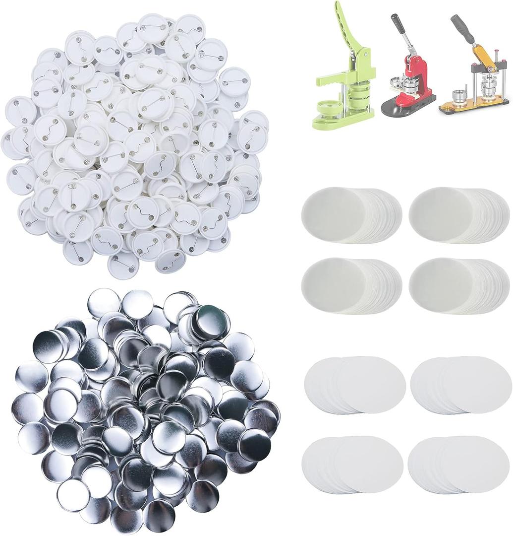 Happizza 500 Sets 32mm(1.25 inch) Blank Pin Back Buttons Parts for Button Maker Machine 32mm, Round Badge Making Supplies, Includes Metal Cover, Plastic Button Back Cover, Clear Film&Blank Paper
