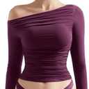 SUUKSESS Women Off Shoulder Long Sleeve Shirts Double Lined Fitted Crop Tops M