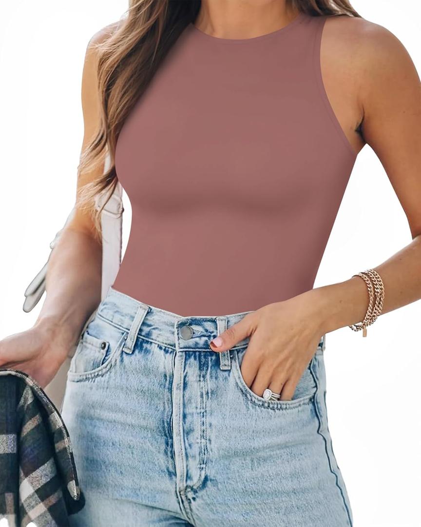 MANGOPOP Tank Top Body Suits Women Sexy Crew Neck Racerback Halter Ribbed Sleeveless Bodysuit for Women (E9 Sleeveless Marsala), XS 