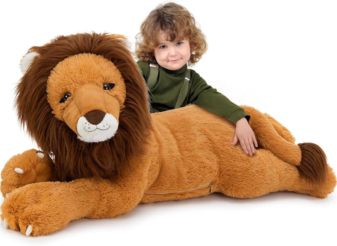 Tezituor 43.3inch Giant Lion Stuffed Animals, Realistic Large Stuffed Lion Plush Toy for Boys Girls, Hugging Soft Lion Plushi Body Pillow Birthday Decor for Adult