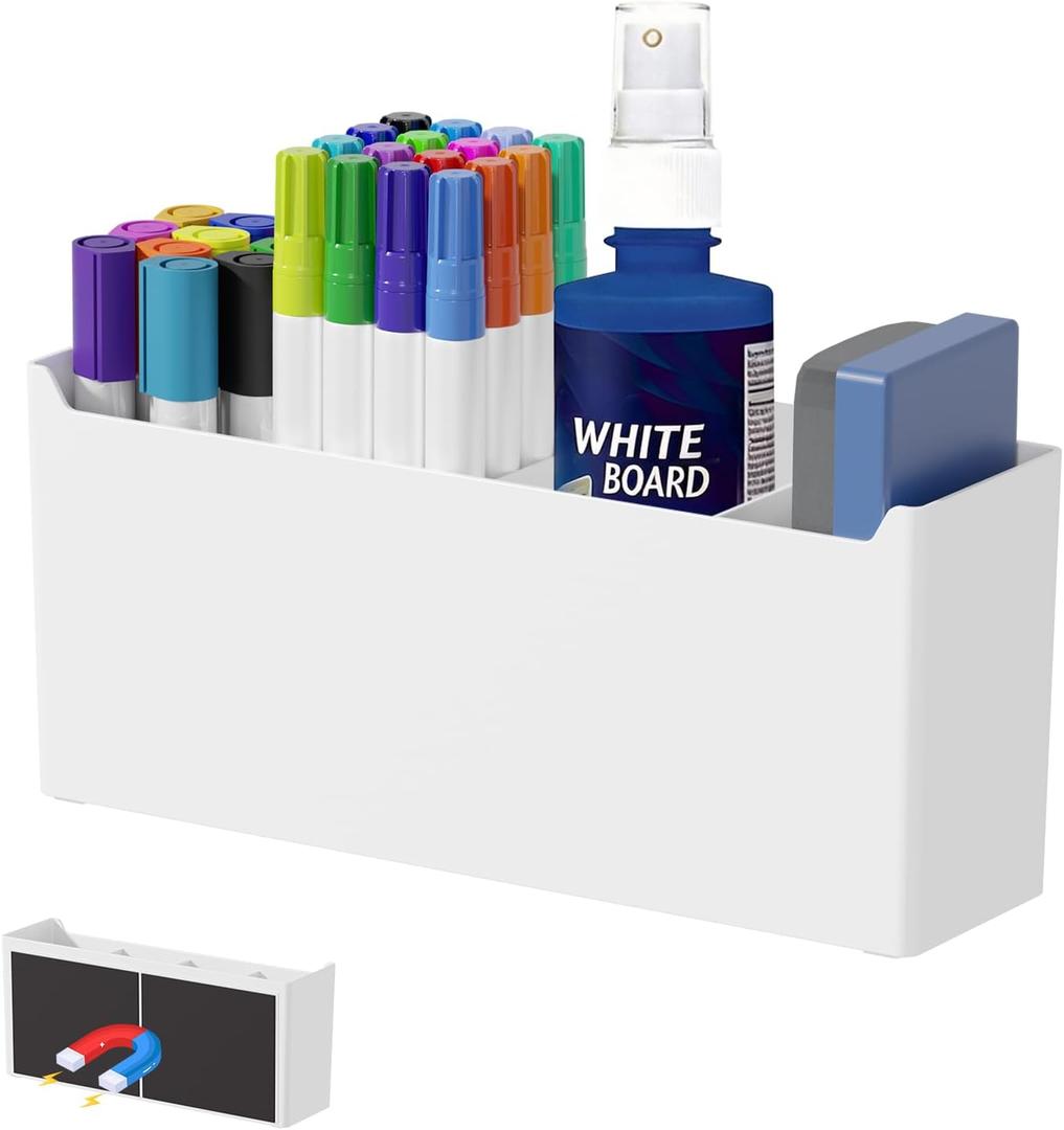 FRETONBA Large Magnetic Dry Erase Marker Holder for Whiteboard, Magnetic Pen Holder Organizer with Adjustable Compartments, Strong Magnet Storage for Office Classroom Home, White