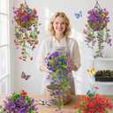 2 Packs Outdoor Artificial Hanging Flowers with 3D Magnetic Butterflies, UV Resistant Faux Silk Blooms for Spring Summer Porch Patio Balcony Decor, Red (With 8 PCS Simulated Butterflies)