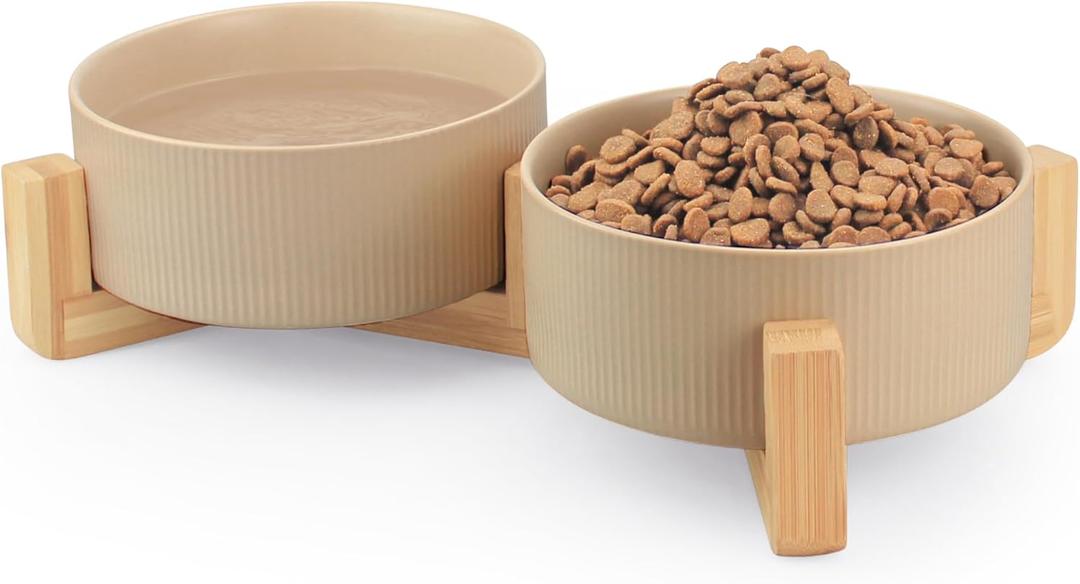Ceramic Pet Bowls for Dog and Cat, No Spill Dog Food and Water Bowl Set with Anti-Slip Wooden Stand, Riased Puppy Feeding Dishes Suitable for Small, Medium and Large Cats Dogs, Khaki 28 OZ