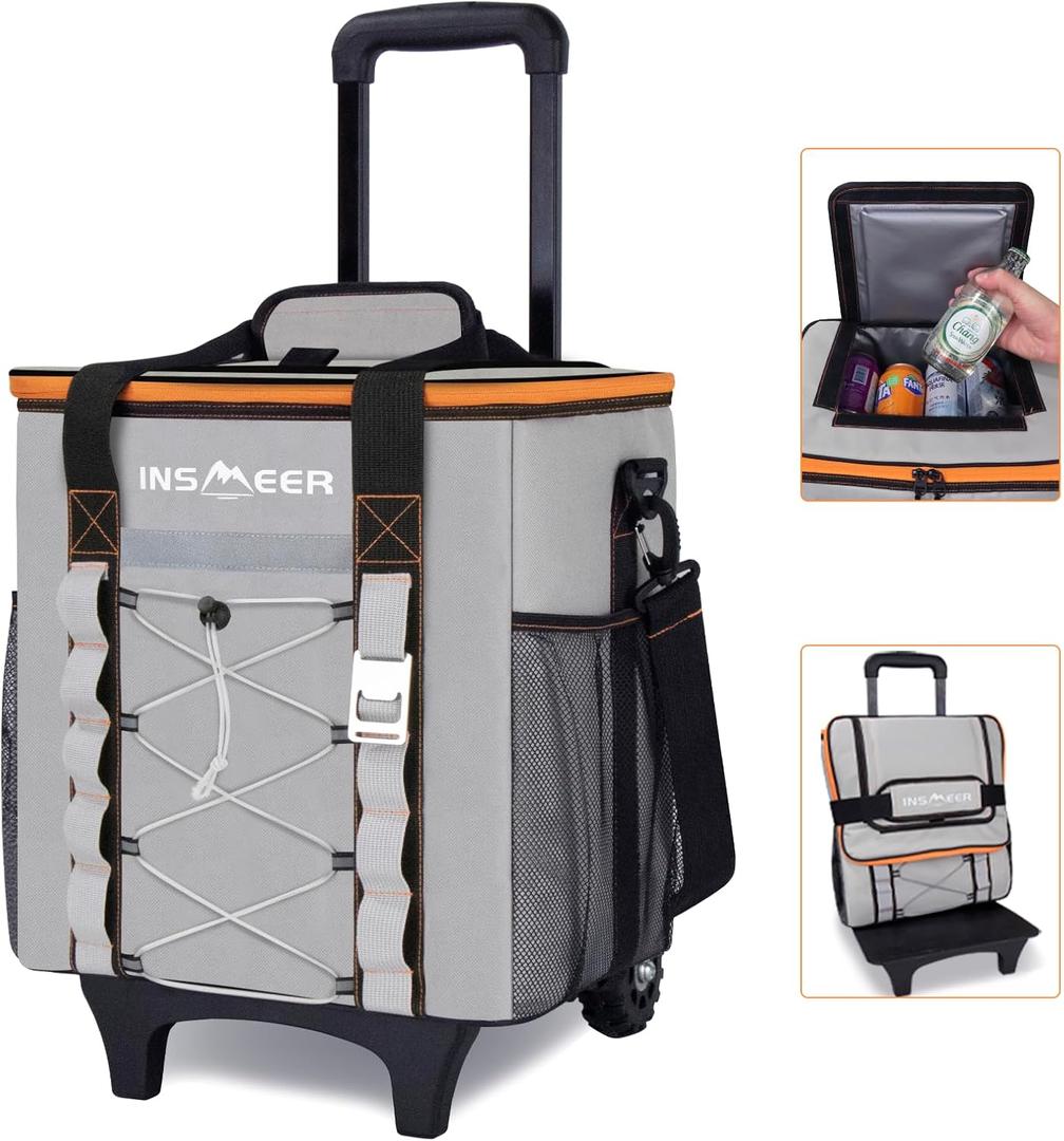 INSMEER Collapsible Rolling Cooler - 45 Cans/30L,Insulated Cooler Bag with Wheels/Shoulder Strap,Large Travel Cooler for Grocery Shopping