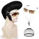 Pre-styled Man Wig and Glasses Necklace, Black Wig with Sideburns Men 50s Rock Star Disco Singer Hair Wig Rocker Costume for Halloween Cosplay Party + Cap