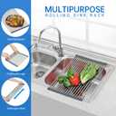 CHIRISEN Expandable Large Roll Up Dish Drying Rack 18 Tube 21.25x12.79''Collapsible Over The Sink Rack Non-Slip Silicone Rolling Dish Drainer Stainless Steel Roll Rack for Kitchen Sink Counter (Gray)