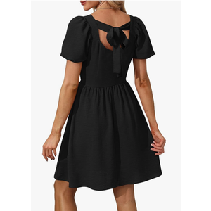OFEEFAN Women Puff Sleeve Square Neck Tie in Back Dresses with Zipper S