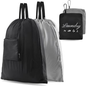 2 Pcs JHX Travel Laundry Bags, Dirty Clothes Organizer Upgraded with Handles and Aluminum Carabiner for Travel, Camp, Fitness, and Students (Black & Grey) 24"L x 21"W