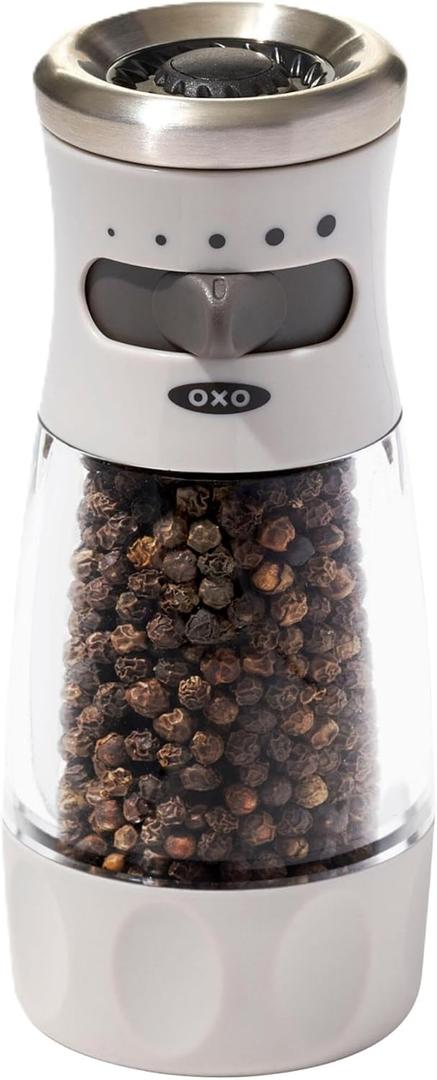 OXO Good Grips Contoured Mess-Free Pepper Grinder, Adjustable Ceramic Grinder with Five Settings, Black Pepper Mill for Home and Kitchen, Spice Tool and Kitchen Gadget (Gray)