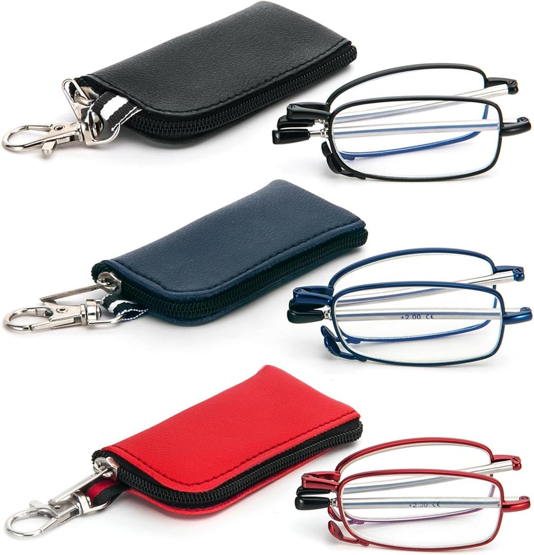 3 Pack Folding Reading Glasses with Keychain Compact Bags Women Men Blue Light Blocking Spring Hinge Portable Pocket Readers,Black Blue and Red 0.5