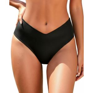 Zmart Mid Rise Bikini Bottoms - Women's Moderate-Full Coverage Bathing Suit V Cut Swimsuit Bottom (Black) XS