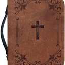 Talayituse Bible Cover for Women and Men - PU Leather Case, Bag, Tote, Book Carrying Case - Christian Accessories (Large, Brown Cross Floral)