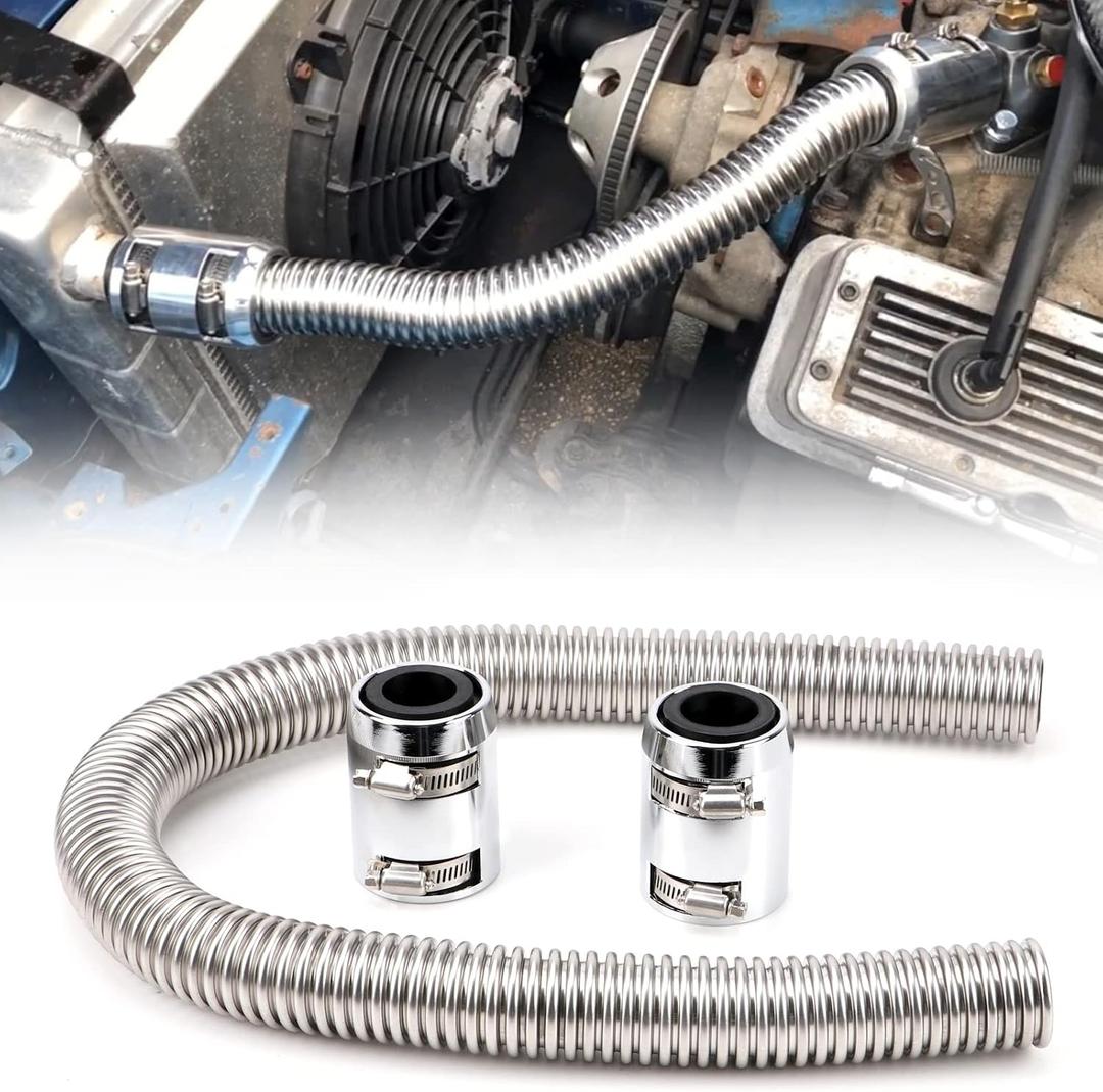36" Stainless Steel Radiator Hose Flexible Universal Water Hoses Adapter Coolant Radiator Hose Kit With 2Pcs Chrome Caps Silver