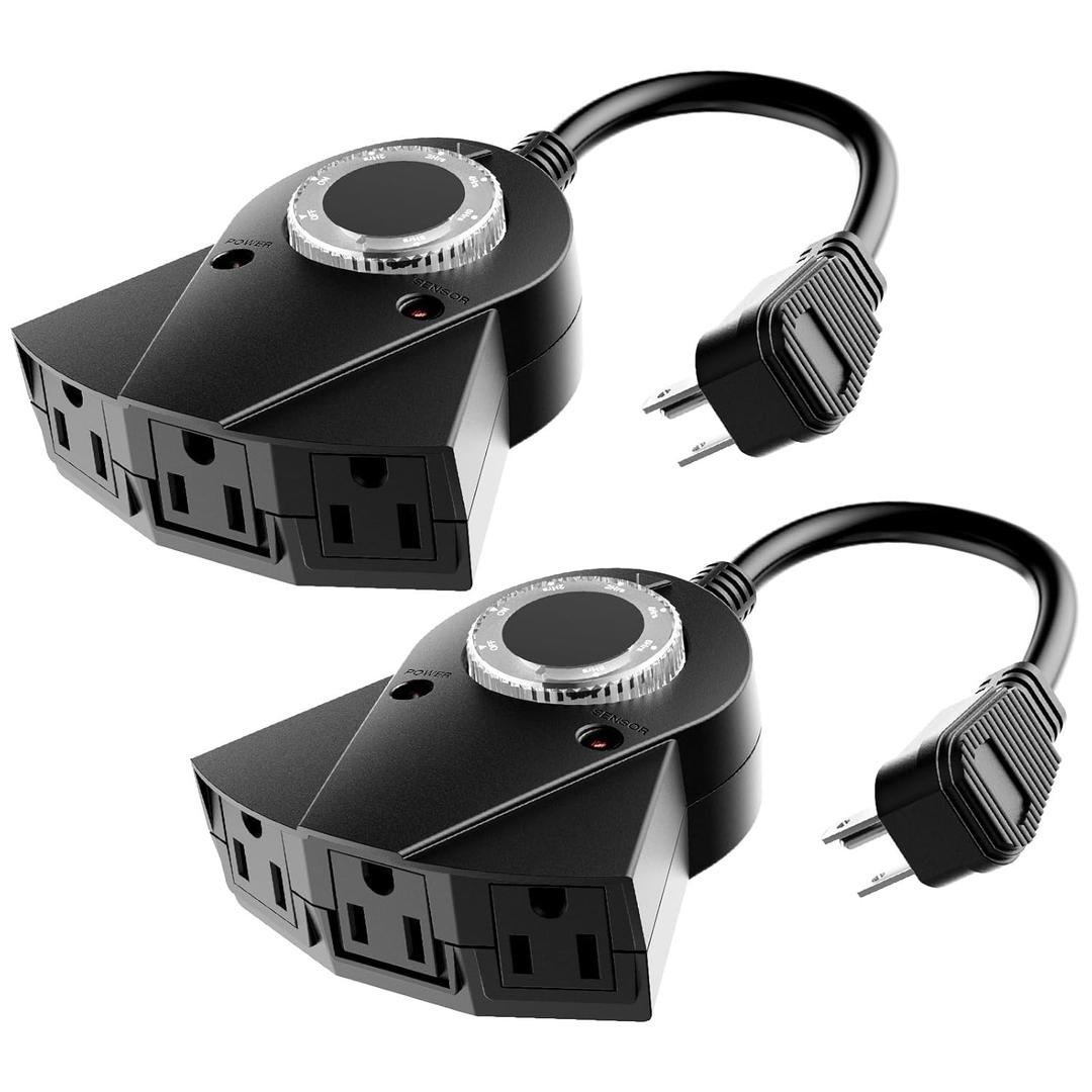 Outdoor Light Sensor Timer, 24 Hours Heavy Duty Waterproof Outlet Timer with 2, 4, 6 or 8 Hours Countdown Mode, 3 Grounded Electrical Outlet for Home Backyard Garden (2 Pack)