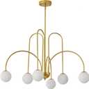 30" Mid Century Arch Chandelier, Large Modern Pendant Light Fixtures with Milk Glass Globe Shades Antique Brass Brush Paint Finish for Dining Room, Kitchen Island, Foyer, Living Room 6-Light