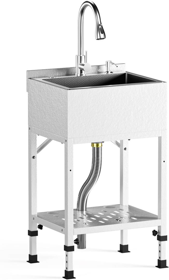 20" Freestanding Stainless Steel Utility Sink, Heavy-Duty Commercial Kitchen Outdoor Sink with Retractable Cold and Hot Water Faucet, Single Bowl Shop Sink for Workshop, Garage, Laundry Room, 20.3"L x 16"W x 40.3"H