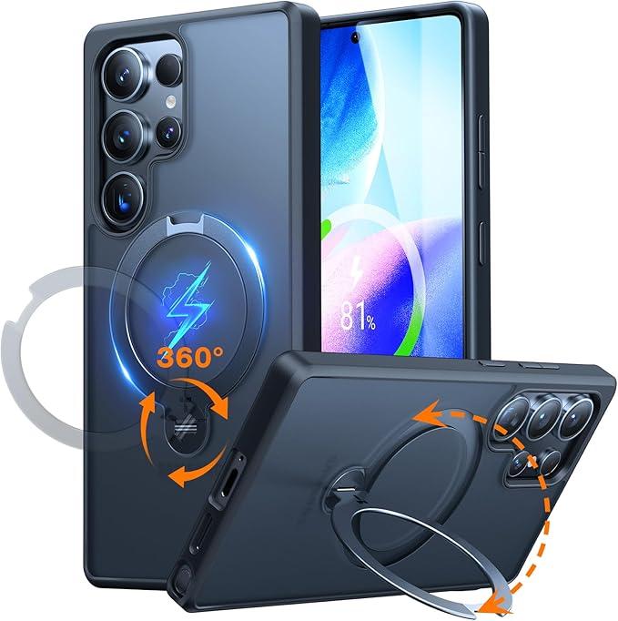 TORRAS 360 Spin Magnetic Stand for Samsung Galaxy S25 Ultra Case, Fit for Magsafe, Military Grade Slim Protective S25 Ultra Case with Kickstand & Ring Holder, Ostand Spin, Translucent Frosted Black