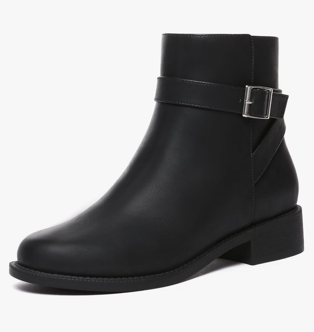 Athlefit Women's Ankle Boots Chunky Low Heel Fashion Round Toe Buckle leather Booties, Size 5.5