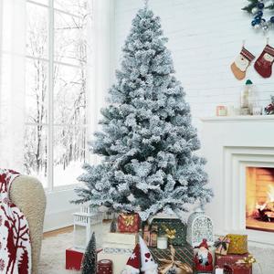 Frosted Christmas Tree 6ft Pre-Lit with 250 Warm White LED Lights, 8 Lighting Functions, Snow Flocked Artificial Pine, Full Branches, Easy Setup, Foldable Stand, Home & Holiday Decoration
