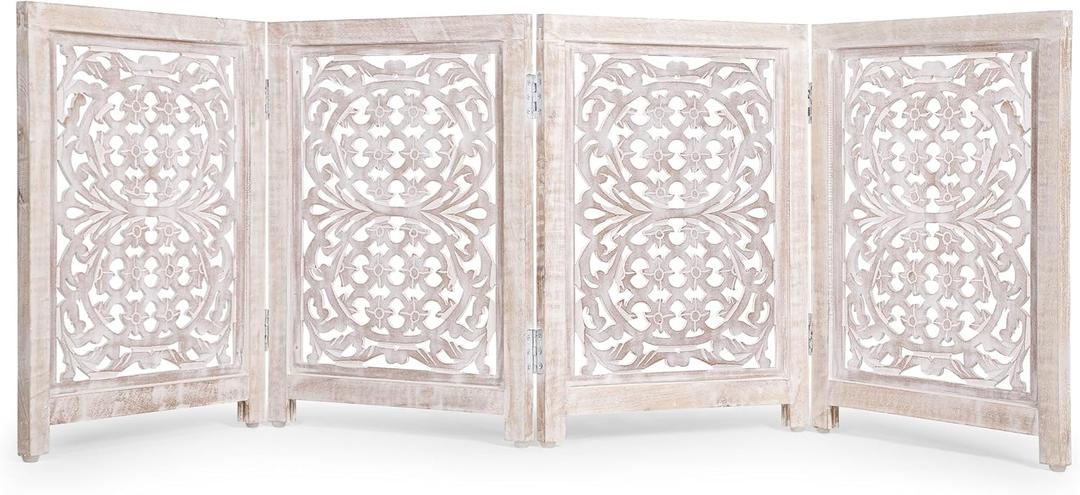 Lightnpro 4-Panel Carved Wooden Dog Gate with Stopper – 72 Inch Extra-Wide Foldable Freestanding Pet Barrier, White Wash Indoor Safety Fence for Small Dogs & Puppies – 24x18 Inch Panels