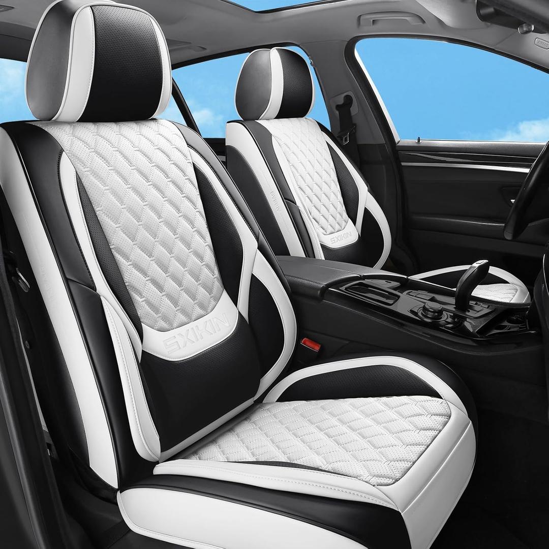 Car Seat Covers Full Set, Luxury Leather Waterproof Non-Slip Seat Protector Universal Fit for Most Cars SUVs Trucks Pick-ups,White and Black Car Accessories Interior(Full Set White) (Black White-Full Set)