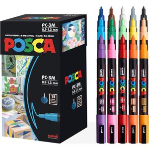 Posca Paint Markers, 3M Fine Point Acrylic Paint Pens with Reversible Tips, Art Supplies For Gifts, Decorations Fabric, Metal, Glass, Wood and Canvas, Set of 15