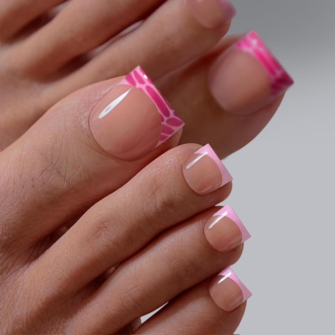 BTArtbox Press On Toenails - Lamp-Curable Sharp Square Toe Nail Press Ons with Glue for Women, Semi-Transparent French Tip Fake Toe Nail Tips in 15 Sizes - 30 Toenails Kit, Pink Croc