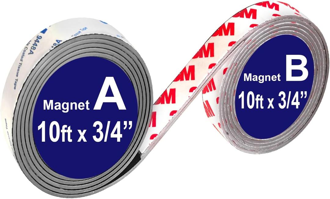 Paired A+B 3/4 inch Magnets Tapes 10FT, a b Magnetic Strips Match to Use with Strong Adhesive Backing, Flexible Magnetic Strips for DIY Craftings -2Pack