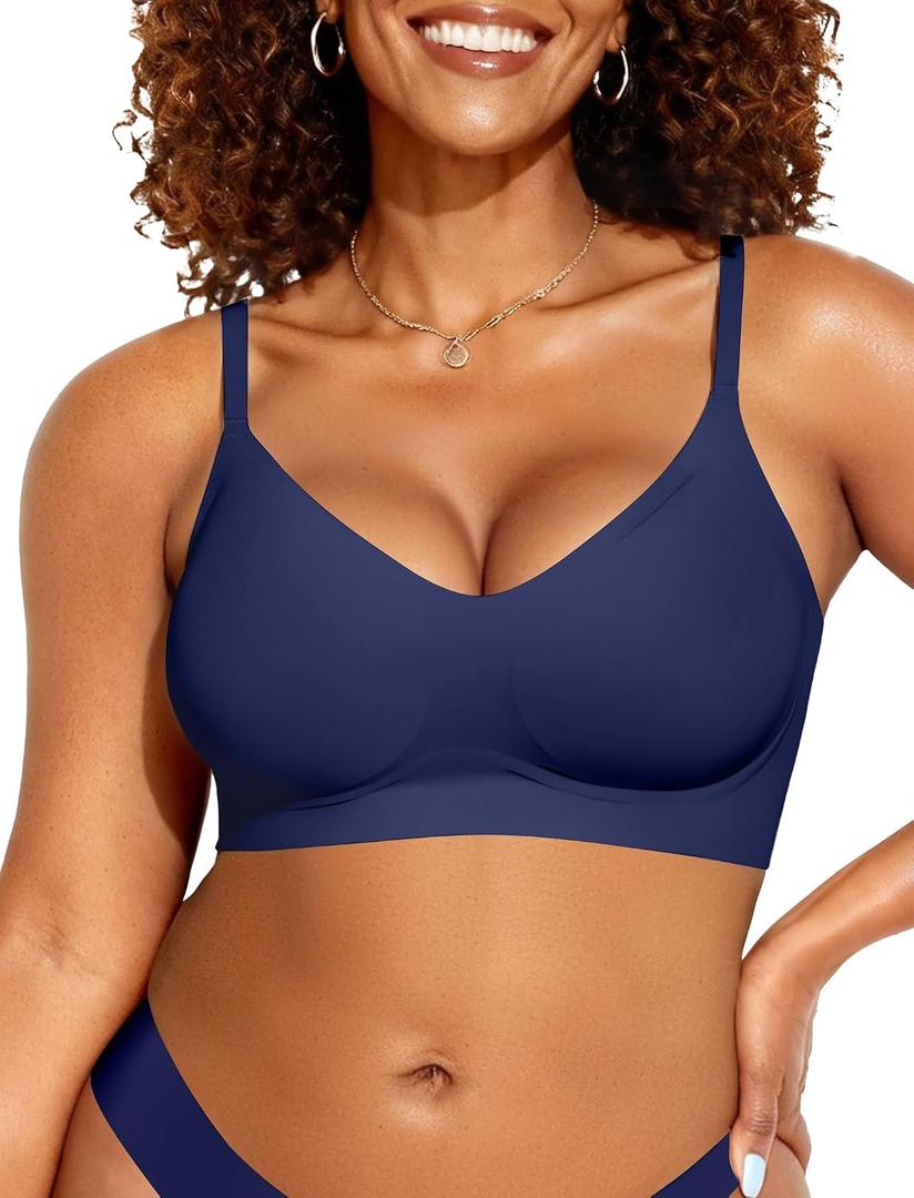 OEAK Womens Seamless Bra Support V Neck Bralettes Adjustable Wireless Padded Comfort Bras Adjustable Basic Everyday Bras Navy Blue 3XL