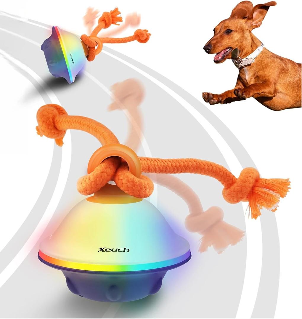 Xeuch Smart Interactive Dog Toys, Automatic Moving and Rolling Dogs Ball with Rope, Motion-Activated Squeaky Ball for  Dogs for Boredom, RGB Lights, Stimulating Sound, Voice Recording (White)