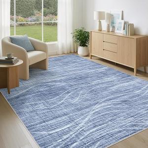 WITSHOCK 6x9 Living Room Rug Washable Area Rug Modern Abstract Rugs Non Slip Indoor Carpet for Bedroom Dining Room Nursery Kitchen Office Home Decor Stain Resistant Soft Wave Striped Rug, Blue