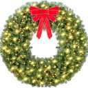 Yaheetech 48in Large Artificial Christmas Wreath, Pre-lit Holiday Accent Decoration with Red Bow, 200 LED Lights & 720 PVC Tips, Metal Structure for Door Wall & Mantel