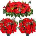 Christmas Cemetery Flowers Saddle for Grave Decoration, Xmas Red Poinsettia Berry Headstone Flower Saddle,Realistic Memorial Bouquets