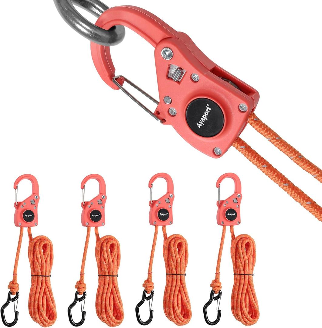Ayaport Rope Tie Down Ratchet with Safety Lock Clip 1/4" x 12' Heavy Duty One-Piece Adjustable Kayak Straps for Tent, Tarp, Canopy Tie Downs, 4Pk Orange