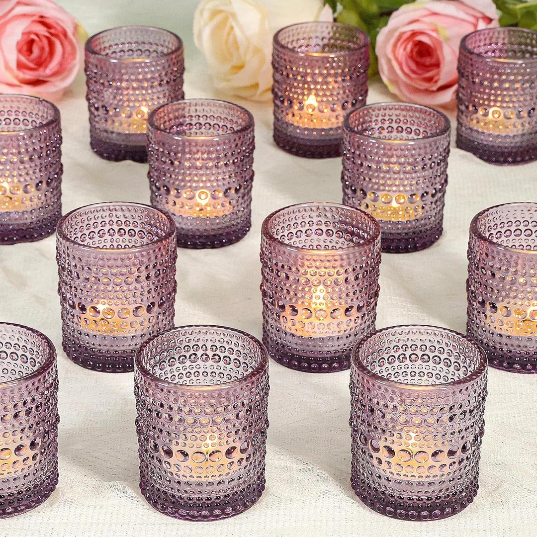 24 Pcs Votive Candle Holders, Purple Glass Holders Bulk for Table Centerpiece, Tea Lights Candle Holders for Wedding Shower, Party and Home Decor
