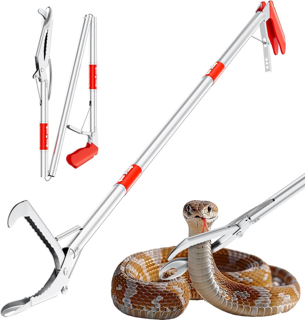 50" Collapsible Snake Grabber Tongs, Stainless Steel Snake Catcher Tool with Wide Jaws & Non-Slip Handle  Humane Reptile Handling Tool for Home, Yard & Outdoor Safety (Red)