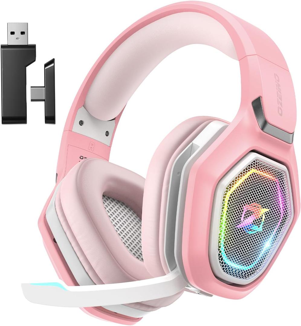 2.4GHz Gaming Headset Wireless with Flip Mic for Ps5, Ps4, PC, Gaming Headphones with USB-A & USB-C Transmitter, 40Hr Battery Bluetooth Headset for Laptop, Mobile, Mac (Pink)