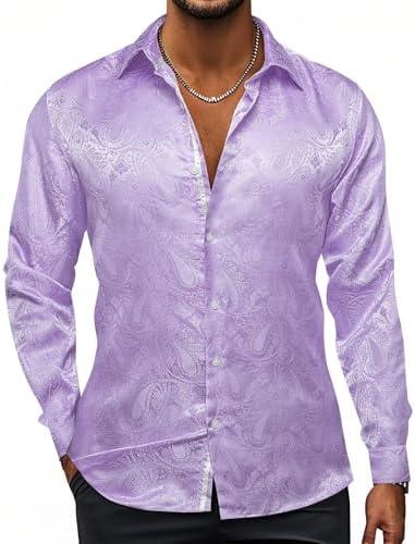 Hi-Tie Silk Mens Paisley Dress Shirts Casual Long Sleeve Button Down Regular Fit Shirts Formal Wedding Party Business, 3X-Large