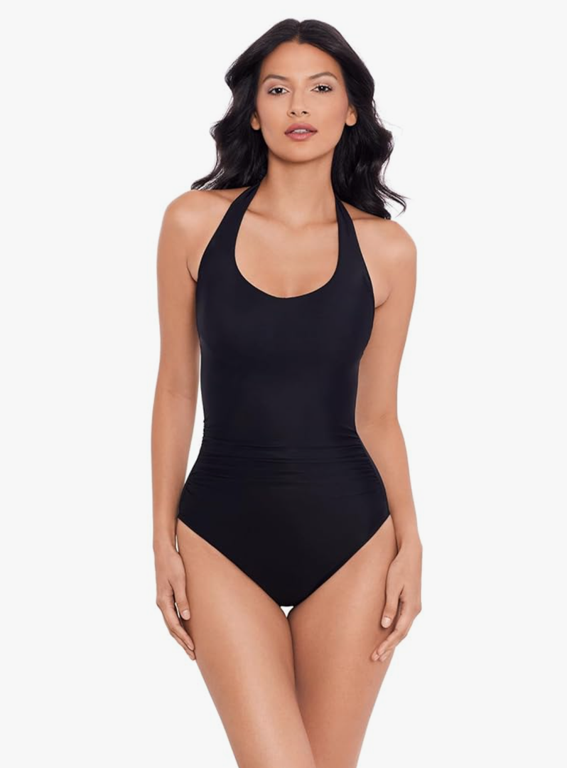 One Piece Sexy Swimsuits Halter Tie Back V Neck Low Back Bathing Suit Ruched Butt High Cut Swimsuit Thong, Size XL