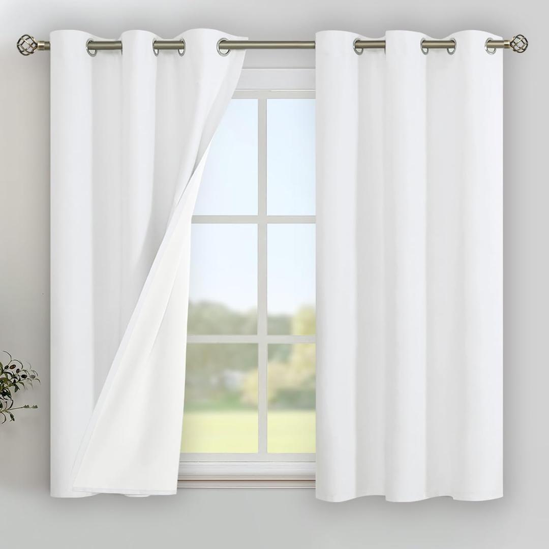 YoungsTex Linen 100% Blackout Curtains 54 Inch Length for Bedroom, Thermal Insulated Drapes with Grommet Room Darkening for Short Window, White, 2 Panels, 42 X 54 Inch