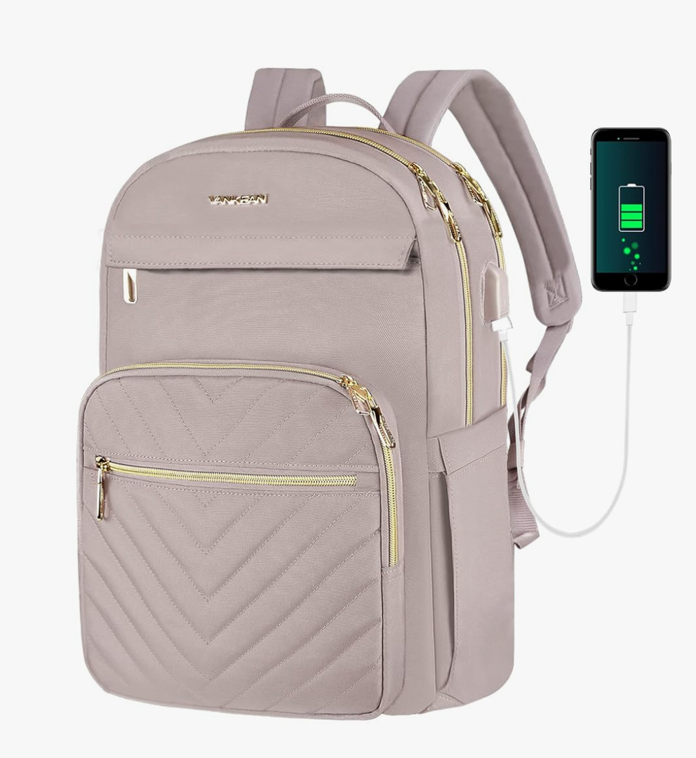 VANKEAN 15.6 Inch Laptop Backpack for Women Work Bag Fashion with USB Port, Waterproof Stylish Travel Bags Casual Daypacks for College, Business, Light Dusty Pink