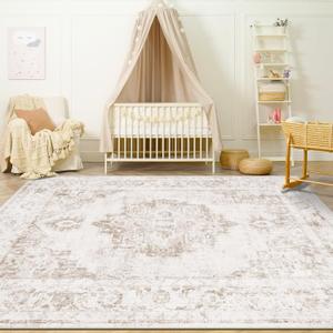 Area Rug 9x12 Vintage Rug: Large Washable Indoor Medallion Rugs Low Pile Distressed Floor Carpet Retro Accent Rug for Living Room Bedroom Kitchen Dining Table Home Office(Beige, 9'x12')