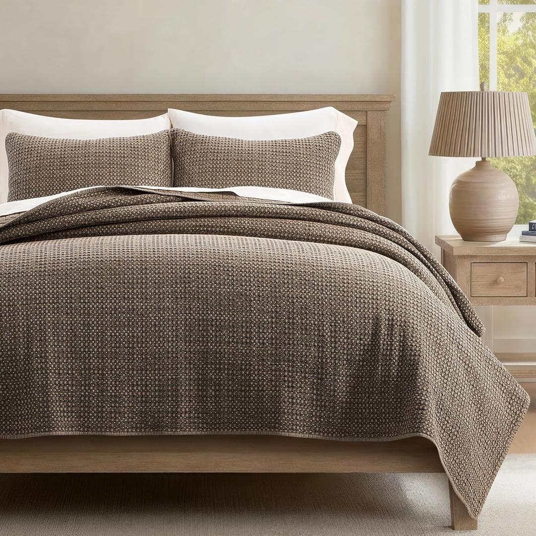 EverGrace Stonewashed 100% Natural Cotton Waffle Quilt Set Queen Size 3 Pieces, Durable, Textured & Substantial Bedding, Quilted Coverlet Bedspread with 2 Shams for All Seasons, Mushroom Brown